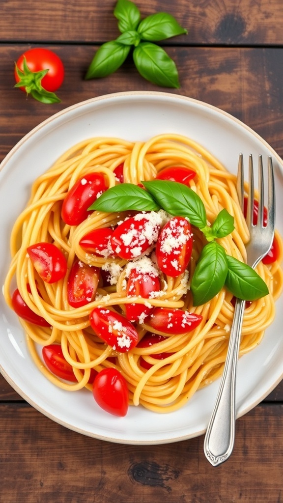 Tomato Basil Pasta Recipe A plate of tomato basil pasta with cherry tomatoes and basil, garnished with Parmesan cheese on a wooden table.